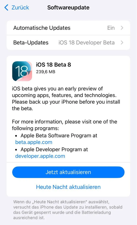 调兵山苹果手机维修分享苹果 iOS / iPadOS 18 开发者预览版 Beta 8 发布 